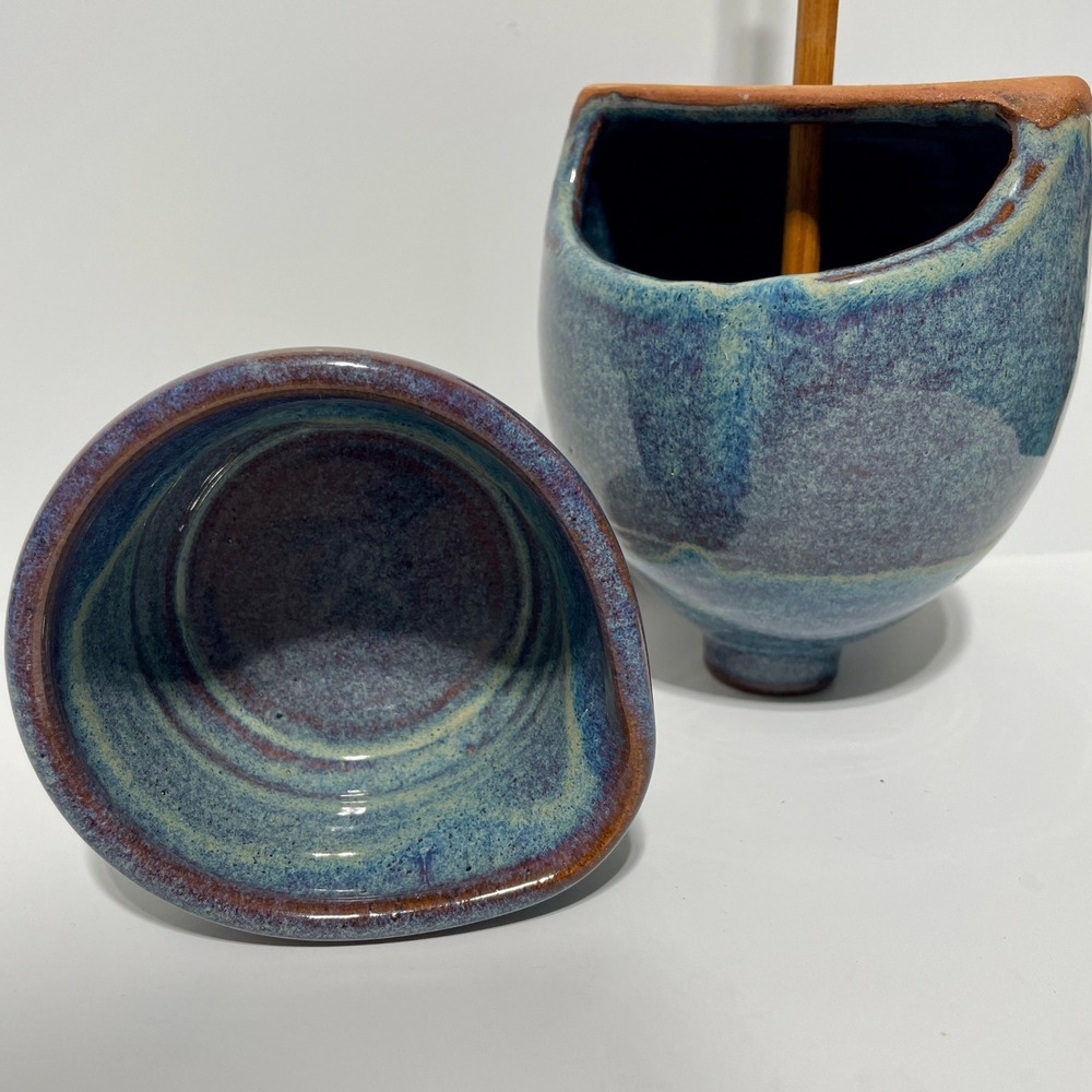 Vintage 1992 Peppertown Pottery Signed Riley Ceramic Hush Puppy Batter Set Blue